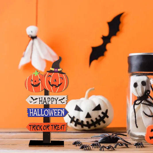 Halloween Wooden Sign Decor with Pumpkins - "Happy Halloween" & "Trick or Treat"