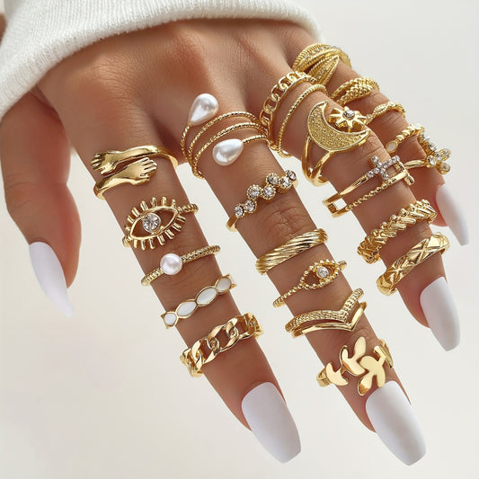 Personality Exaggerated Joint Ring Set Inlaid Shiny Rhinestone Cross Devil's Eye Etc Shape Finger Ring Set For Women