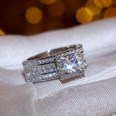 Stunning Square Cut Zirconia Halo Ring - Elegant Wedding Engagement Promise Ring for Women - Valentine's Day Jewelry, Inlaid Shiny Design, Comfort Fit, Hypoallergenic, Nickel-Free, Perfect Gift for Her