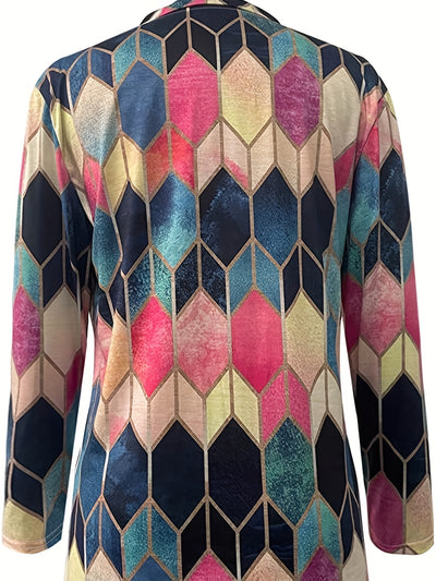 Colorful Geometric Zip-Up Long Sleeve Women Shirt - Stretchy & Comfortable Polyester Blend, Machine Washable - Casual Style for All Seasons