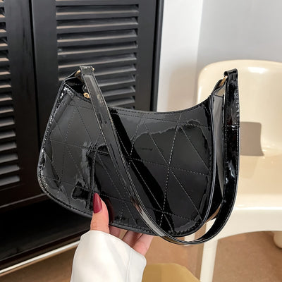 Trendy Glossy Shoulder Bag, Women Patent PU Leather Handbag, Simple Solid Color Underarm Purse