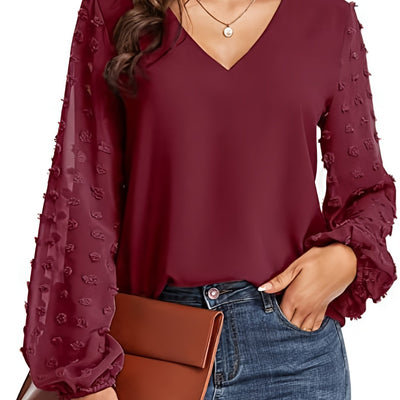 [Dot Sleeve Shirt For Spring] Swiss Dot Sleeve Shirt, Casual V Neck Solid Shirt For Spring & Fall, Women's Clothing