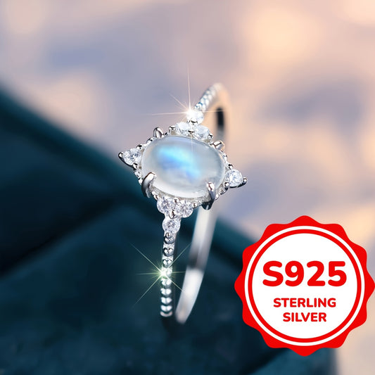 [One S925 Silvery Moonstone Ring] Handmade S925 Pure Silvery Oval Moonstone Ring with Rhombus Surrounding Zirconia, Wedding and Engagement Gift For Women