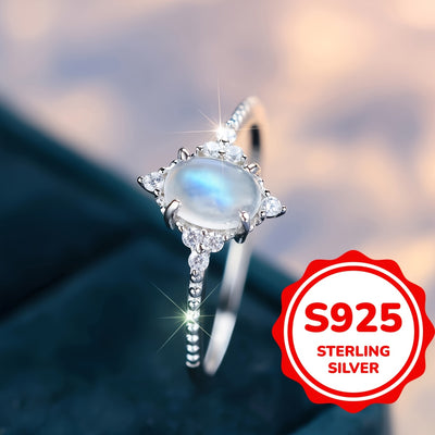 [One S925 Silvery Moonstone Ring] Handmade S925 Pure Silvery Oval Moonstone Ring with Rhombus Surrounding Zirconia, Wedding and Engagement Gift For Women