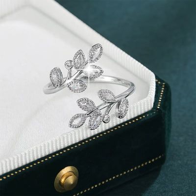 Elegant Leaf Design Open Ring with Sparkling Cubic Zirconia - Luxurious Copper, Perfect for Parties & Vacations, Party Wear|Sophisticated Style|Polished For Women
