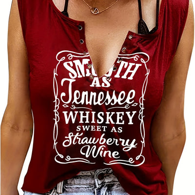 Smooth As Tennessee Whiskey Sweet As Strawberry Wine Women's Tank Top - Soft Pink Sleeveless V-Neck Casual Shirt with Bold Letter Print, Thick Strap Country Music Style, Machine Washable All-Season Wear, Festive Concert Attir