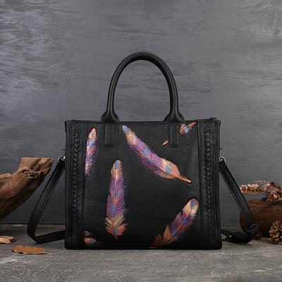 [Adjustable Strap Tote Bag Women] Vintage-Style Tote Bag With Adjustable Shoulder Strap, Feather Pattern, Large Capacity Handbag For Women