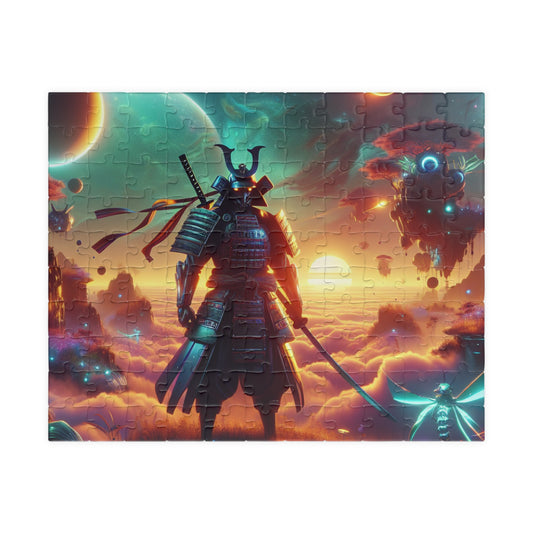 Futuristic Samurai and Spaceships | Sci-Fi Cyberpunk Wall Art | Japanese Warrior Digital Print V4 Puzzle (110, 252, 520, 1014-piece)