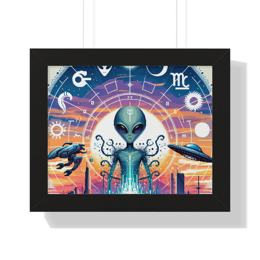 Digital Alien In Abstract Zodiac Signs V1 Framed Horizontal Poster