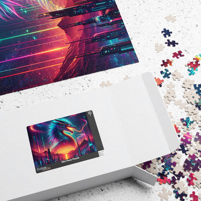 Neon Cyberpunk Dragon Art | Sci-Fi Vaporwave Fantasy Wall Print | Futuristic Decor | Digital Print Puzzle (110, 252, 520, 1014-piece)