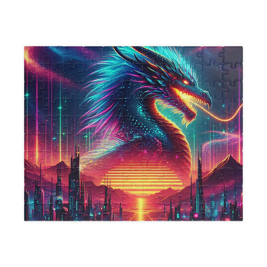 Neon Cyberpunk Dragon Art | Sci-Fi Vaporwave Fantasy Wall Print | Futuristic Decor | Digital Print Puzzle (110, 252, 520, 1014-piece)