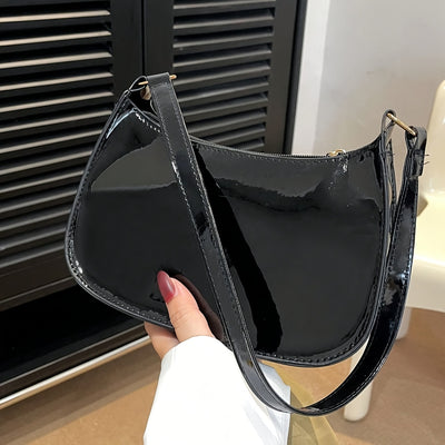 Trendy Glossy Shoulder Bag, Women Patent PU Leather Handbag, Simple Solid Color Underarm Purse