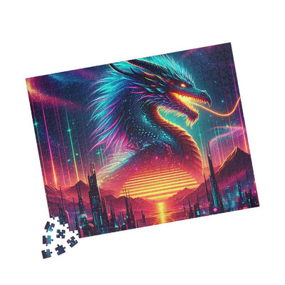 Neon Cyberpunk Dragon Art | Sci-Fi Vaporwave Fantasy Wall Print | Futuristic Decor | Digital Print Puzzle (110, 252, 520, 1014-piece)