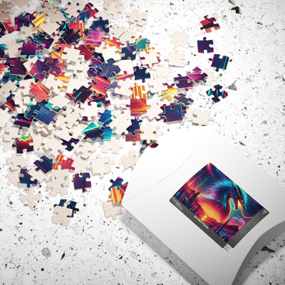 Neon Cyberpunk Dragon Art | Sci-Fi Vaporwave Fantasy Wall Print | Futuristic Decor | Digital Print Puzzle (110, 252, 520, 1014-piece)