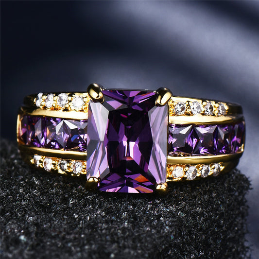Luxurious Elegant Ring 18k Gold Plated Inlaid Large Rectangle Cut Zirconia Multi Colors Engagement Wedding Ring For Women Evening Party Decor