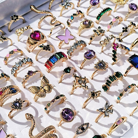 20pcs/Lot Trendy Colorful Rings for Women Mix Design Luxury Rhinestone Butterfly Snake Finger Ring Jewelry Set Wholesale For Women