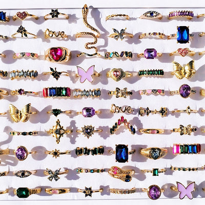20pcs/Lot Trendy Colorful Rings for Women Mix Design Luxury Rhinestone Butterfly Snake Finger Ring Jewelry Set Wholesale For Women