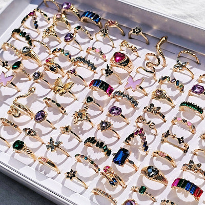 20pcs/Lot Trendy Colorful Rings for Women Mix Design Luxury Rhinestone Butterfly Snake Finger Ring Jewelry Set Wholesale For Women