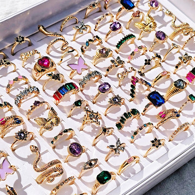 20pcs/Lot Trendy Colorful Rings for Women Mix Design Luxury Rhinestone Butterfly Snake Finger Ring Jewelry Set Wholesale For Women