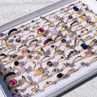 20pcs/Lot Trendy Colorful Rings for Women Mix Design Luxury Rhinestone Butterfly Snake Finger Ring Jewelry Set Wholesale For Women