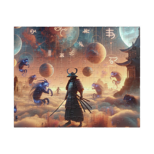 Futuristic Samurai Zodiac Art | Cosmic Warrior Digital Print | Japanese Sci-Fi Wall Decor V3 Puzzle (110, 252, 520, 1014-piece)
