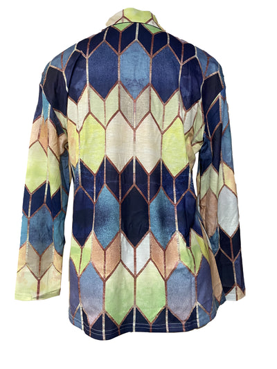 Colorful Geometric Zip-Up Long Sleeve Women Shirt - Stretchy & Comfortable Polyester Blend, Machine Washable - Casual Style for All Seasons