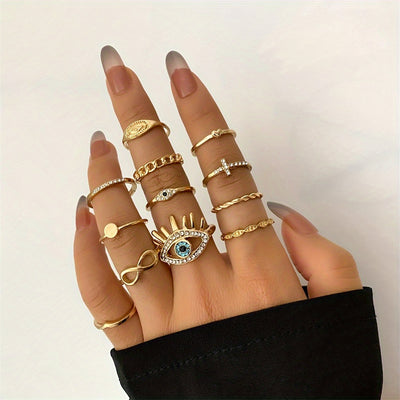 Personality Exaggerated Joint Ring Set Inlaid Shiny Rhinestone Cross Devil's Eye Etc Shape Finger Ring Set For Women
