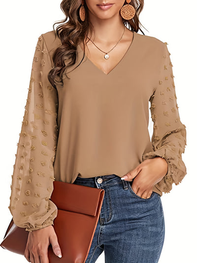 [Dot Sleeve Shirt For Spring] Swiss Dot Sleeve Shirt, Casual V Neck Solid Shirt For Spring & Fall, Women's Clothing