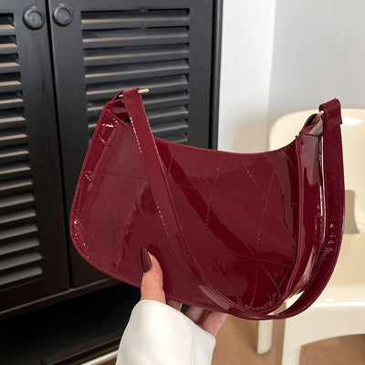 Trendy Glossy Shoulder Bag, Women Patent PU Leather Handbag, Simple Solid Color Underarm Purse