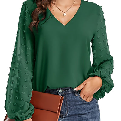 [Dot Sleeve Shirt For Spring] Swiss Dot Sleeve Shirt, Casual V Neck Solid Shirt For Spring & Fall, Women's Clothing