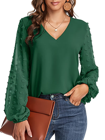 [Dot Sleeve Shirt For Spring] Swiss Dot Sleeve Shirt, Casual V Neck Solid Shirt For Spring & Fall, Women's Clothing