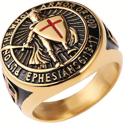 Men'S Stainless Steel Ring, Vintage Hip Hop Style, Knight Shield Design, Templar Order Protection, Crusader Cross, Birthday Anniversary Wedding Holiday Gift, Father'S Day Valentine'S Day Halloween Black Friday Easter Christma