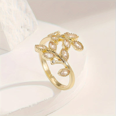Elegant Leaf Design Open Ring with Sparkling Cubic Zirconia - Luxurious Copper, Perfect for Parties & Vacations, Party Wear|Sophisticated Style|Polished For Women