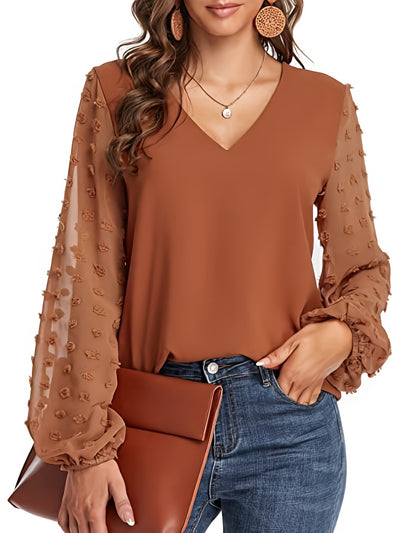 [Dot Sleeve Shirt For Spring] Swiss Dot Sleeve Shirt, Casual V Neck Solid Shirt For Spring & Fall, Women's Clothing