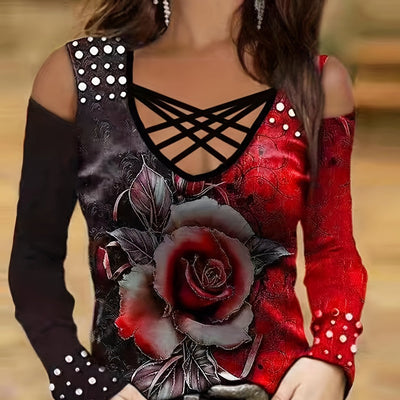 Casual V-Neck Long Sleeve T-Shirt - Floral Print Color Block Women's T-Shirt - Every Day Tops, Women's Clothing