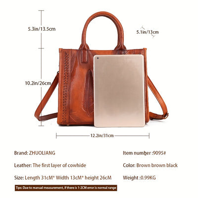 [Adjustable Strap Tote Bag Women] Vintage-Style Tote Bag With Adjustable Shoulder Strap, Feather Pattern, Large Capacity Handbag For Women