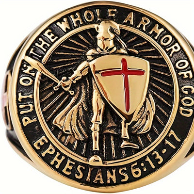 Men'S Stainless Steel Ring, Vintage Hip Hop Style, Knight Shield Design, Templar Order Protection, Crusader Cross, Birthday Anniversary Wedding Holiday Gift, Father'S Day Valentine'S Day Halloween Black Friday Easter Christma