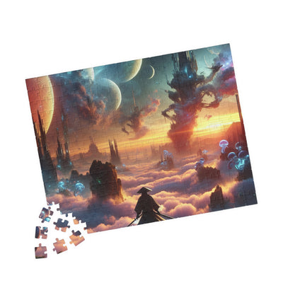 Futuristic Samurai and Spaceships | Sci-Fi Cyberpunk Wall Art | Japanese Warrior Digital Print V3 Puzzle (110, 252, 520, 1014-piece)
