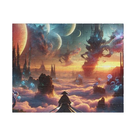 Futuristic Samurai and Spaceships | Sci-Fi Cyberpunk Wall Art | Japanese Warrior Digital Print V3 Puzzle (110, 252, 520, 1014-piece)