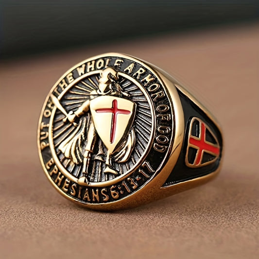 Men'S Stainless Steel Ring, Vintage Hip Hop Style, Knight Shield Design, Templar Order Protection, Crusader Cross, Birthday Anniversary Wedding Holiday Gift, Father'S Day Valentine'S Day Halloween Black Friday Easter Christma
