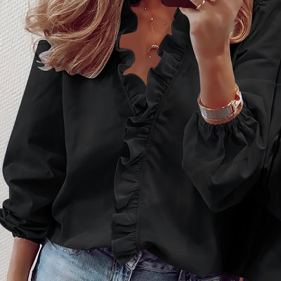 Ruffled Trim V Neck Shirt, Elegant Loose Long Sleeve Shirt, Women's Clothing