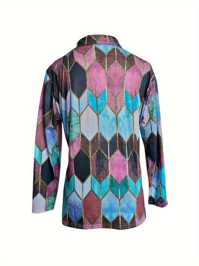 Colorful Geometric Zip-Up Long Sleeve Women Shirt - Stretchy & Comfortable Polyester Blend, Machine Washable - Casual Style for All Seasons