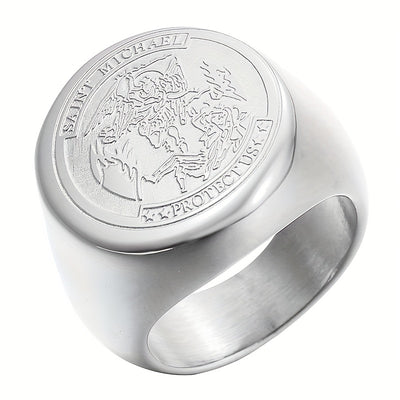 Saint Michael Protect Us Rings for Men, Stainless Steel Archangel Medal Round Signet Amulet Religion Ring, Golden Silveryy Jewelry Gifts