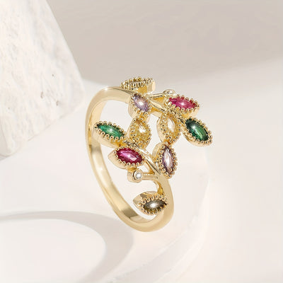 Elegant Leaf Design Open Ring with Sparkling Cubic Zirconia - Luxurious Copper, Perfect for Parties & Vacations, Party Wear|Sophisticated Style|Polished For Women