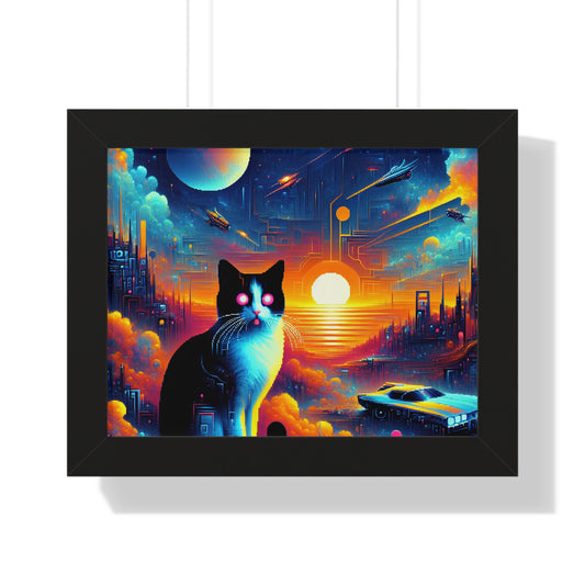 Digital Cat In Cyberpunk Animals V1 Framed Horizontal Poster