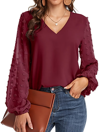 [Dot Sleeve Shirt For Spring] Swiss Dot Sleeve Shirt, Casual V Neck Solid Shirt For Spring & Fall, Women's Clothing