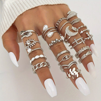 Personality Exaggerated Joint Ring Set Inlaid Shiny Rhinestone Cross Devil's Eye Etc Shape Finger Ring Set For Women