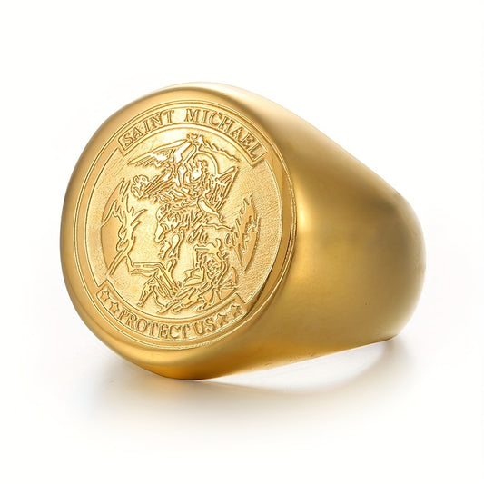 Saint Michael Protect Us Rings for Men, Stainless Steel Archangel Medal Round Signet Amulet Religion Ring, Golden Silveryy Jewelry Gifts