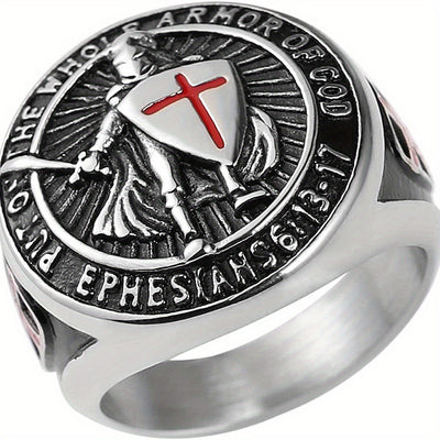 Men'S Stainless Steel Ring, Vintage Hip Hop Style, Knight Shield Design, Templar Order Protection, Crusader Cross, Birthday Anniversary Wedding Holiday Gift, Father'S Day Valentine'S Day Halloween Black Friday Easter Christma