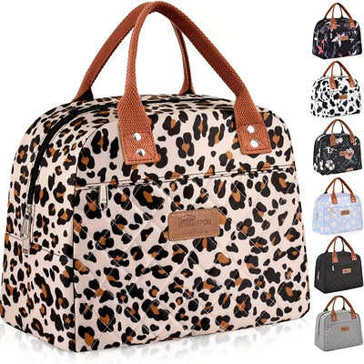 Reusable Leak Proof Insulated Cooler Lunch Bag Women With Front Pocket & Double Zippers Closure For Adults, Students And Travelers, Perfect For School Office Picnic - Flower & Cow Print Pattern, Easter Gift Idea, Kitchen Stor